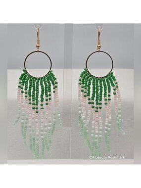 Handmade Gold Hoop Seed Bead Earrings Green Pink White Minimalist
